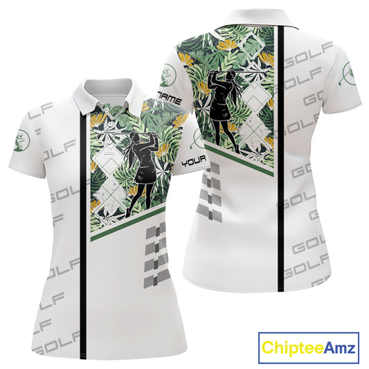 Custom Name Green Tropical Golf Womens Polo Shirt, White Golf Jerseys Best Floral Golf Gifts NYN2993