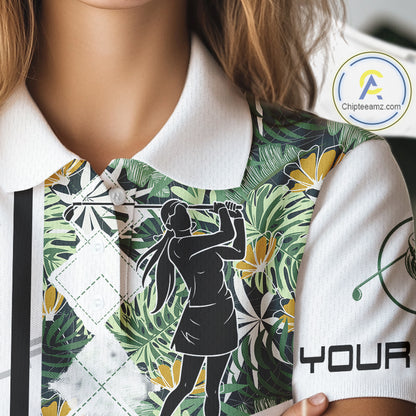 Custom Name Green Tropical Golf Womens Polo Shirt, White Golf Jerseys Best Floral Golf Gifts NYN2993