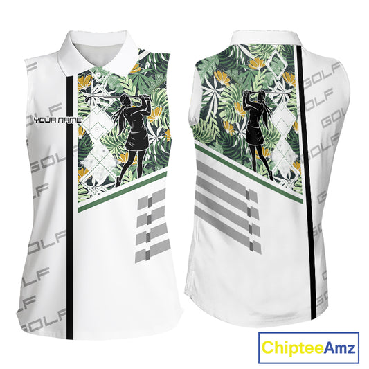 Custom Name Green Tropical Golf Women Sleeveless Polo Shirt, White Golf Jerseys Best Floral Golf Gifts NYN2993