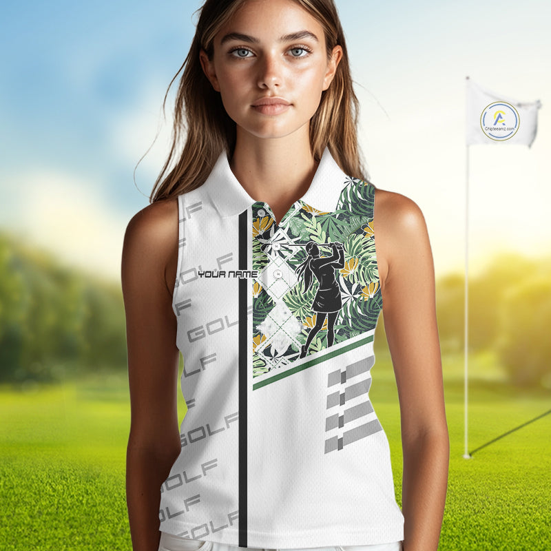 Custom Name Green Tropical Golf Women Sleeveless Polo Shirt, White Golf Jerseys Best Floral Golf Gifts NYN2993