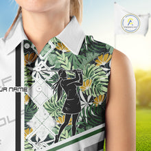 Load image into Gallery viewer, Custom Name Green Tropical Golf Women Sleeveless Polo Shirt, White Golf Jerseys Best Floral Golf Gifts NYN2993