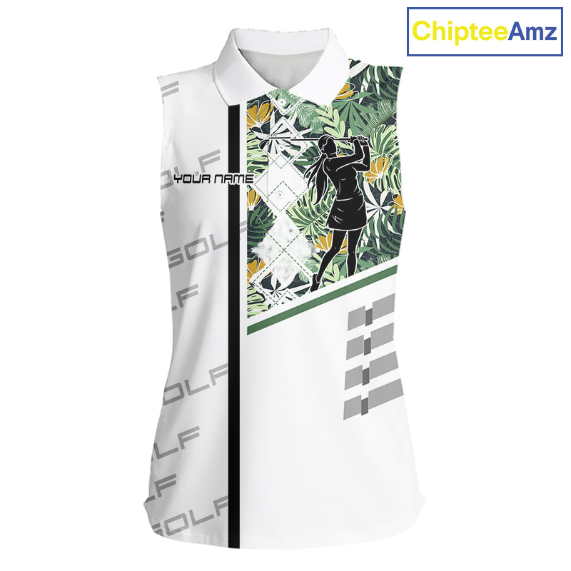 Custom Name Green Tropical Golf Women Sleeveless Polo Shirt, White Golf Jerseys Best Floral Golf Gifts NYN2993