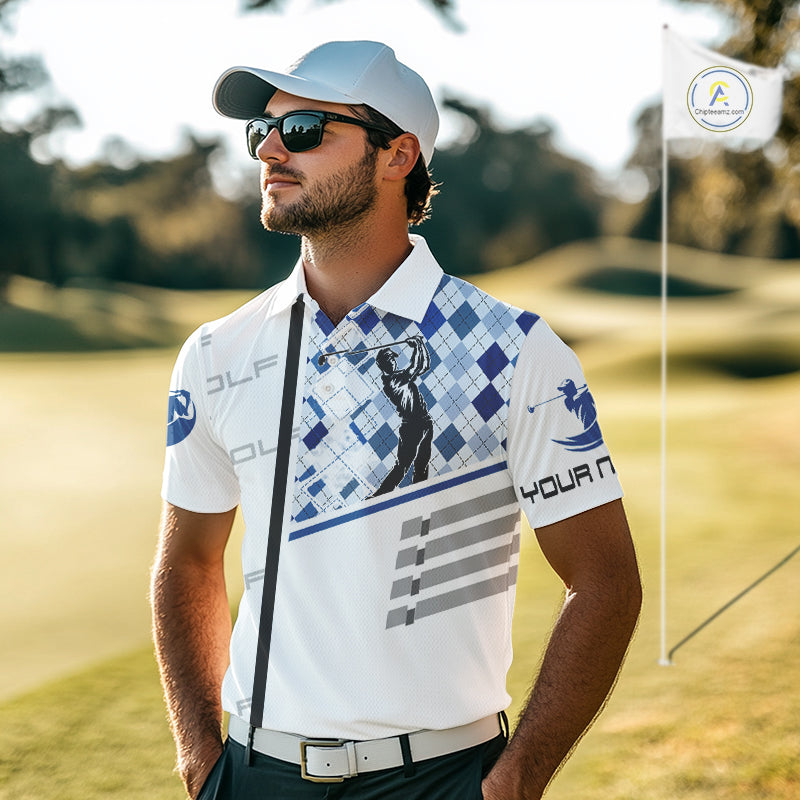 Custom Name Blue Argyle Pattern Mens Polo Shirt, White Golf Jersey Best Argyle Golf Gifts NYN2994
