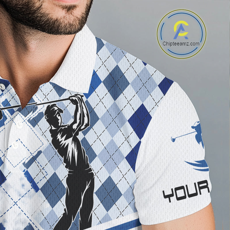 Custom Name Blue Argyle Pattern Mens Polo Shirt, White Golf Jersey Best Argyle Golf Gifts NYN2994