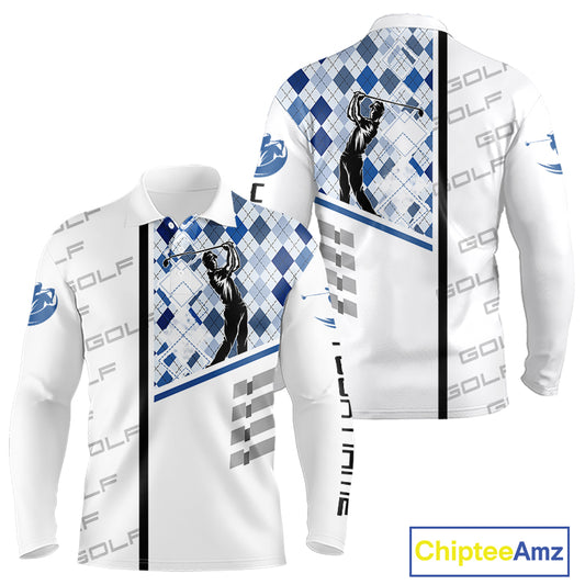 Custom Name Blue Argyle Pattern Mens Polo Shirt, White Golf Jersey Best Argyle Golf Gifts NYN2994