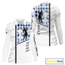 Load image into Gallery viewer, Custom Name Blue Argyle Pattern Womens Polo Shirt, White Golf Jersey Best Argyle Golf Gifts NYN2994