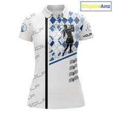 Load image into Gallery viewer, Custom Name Blue Argyle Pattern Womens Polo Shirt, White Golf Jersey Best Argyle Golf Gifts NYN2994