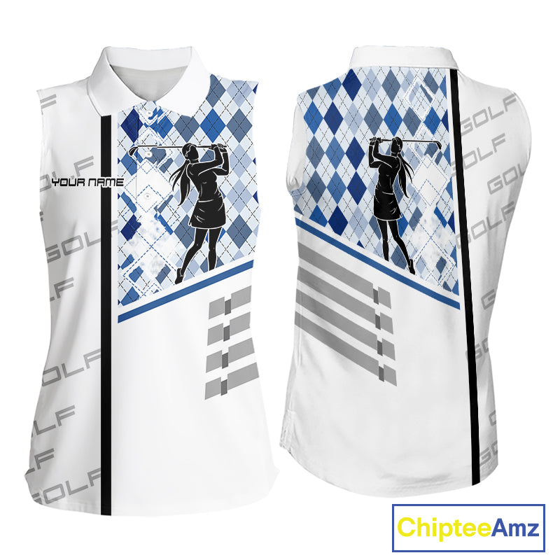Custom Name Blue Argyle Pattern Women Sleeveless Polo Shirt, White Golf Jersey Best Argyle Golf Gifts NYN2994