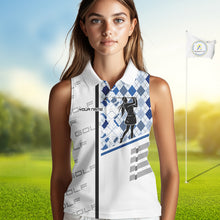 Load image into Gallery viewer, Custom Name Blue Argyle Pattern Women Sleeveless Polo Shirt, White Golf Jersey Best Argyle Golf Gifts NYN2994