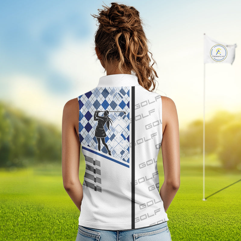 Custom Name Blue Argyle Pattern Women Sleeveless Polo Shirt, White Golf Jersey Best Argyle Golf Gifts NYN2994