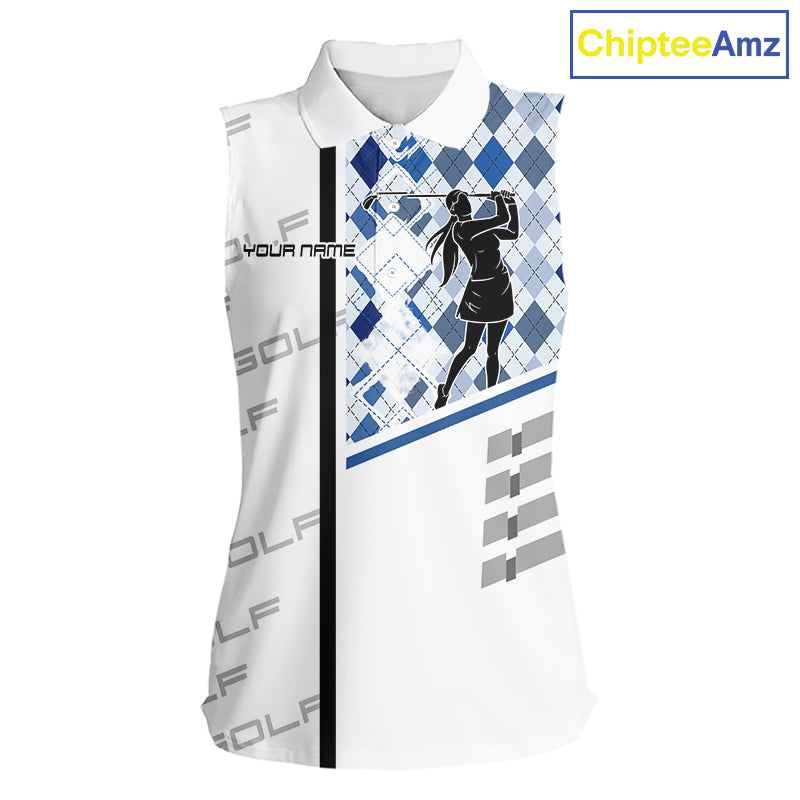 Custom Name Blue Argyle Pattern Women Sleeveless Polo Shirt, White Golf Jersey Best Argyle Golf Gifts NYN2994