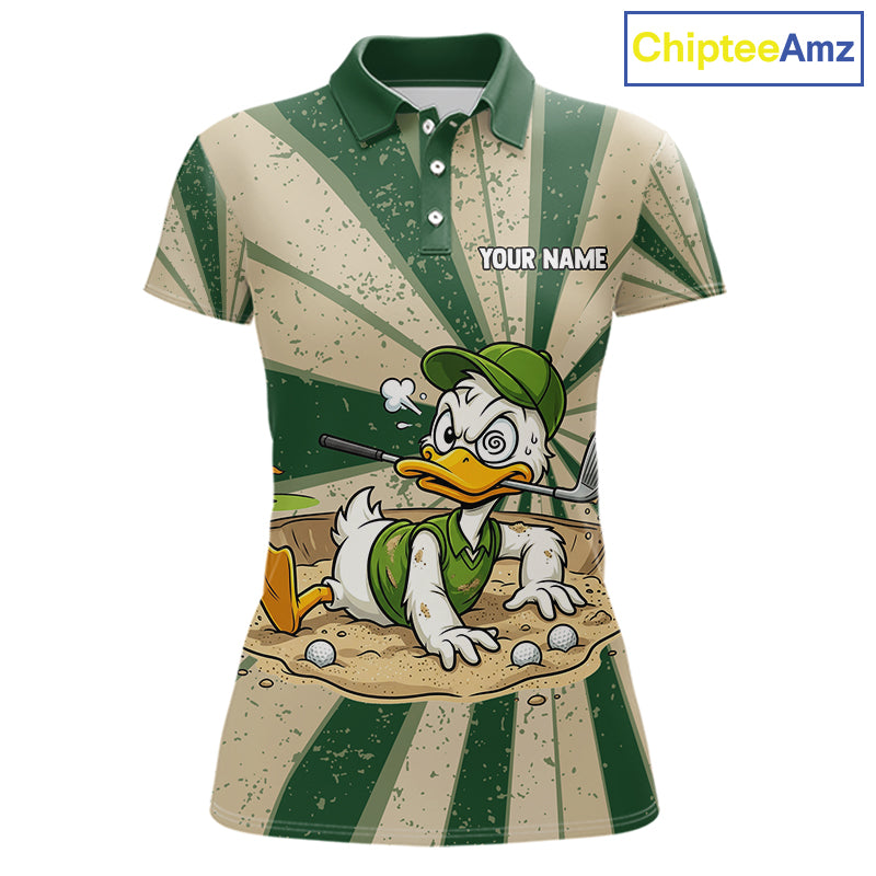 Womens Funny Duck Golf Shirts Grunge Green Beige Golf Clothing Custom Golf Team Polo, Golf Upf Shirts NYN2998