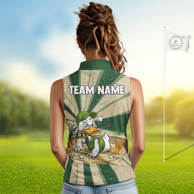 Womens Funny Duck Golf Shirts Grunge Green Beige Golf Clothing Custom Golf Team Sleeveless Polo, Golf Upf Shirts NYN2998