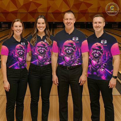 Funny Rich Raccoon Bowling Shirts For Women Custom Neon Bowling Polo & Quarter-Zip Jerseys NYN3415