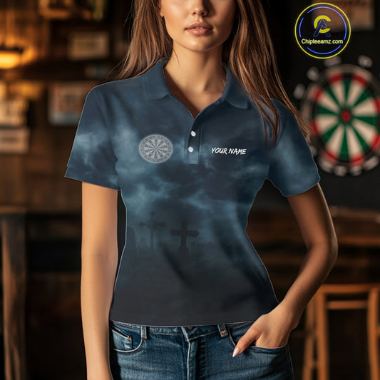 Skeleton And Dartboard Custom Blue Polo Darts Shirt For Women - Darts Team Jersey NYN0698