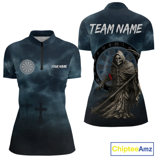 Skeleton And Dartboard Custom Blue Quarter-Zip Darts Shirt For Women - Darts Team Jersey NYN0698