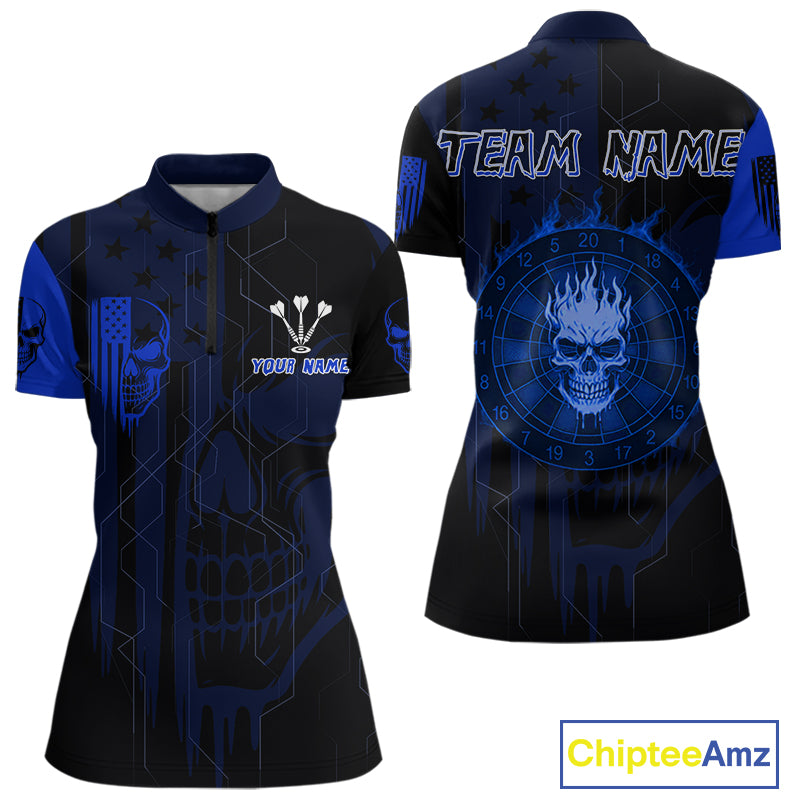 Custom Darts Team Quarter-Zip Shirt For Women Blue Flame Dartboard  - Darts  Jersey NYN0704