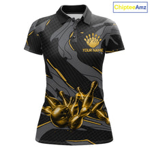 Load image into Gallery viewer, Women's bowling polo featuring grey and yellow lightning strike graphics, personalized bowling apparel for graphic art lovers, motorsport fans and tournament bowlers, symbolizing optimism, focus, confidence and creativity.