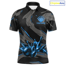Load image into Gallery viewer, Men's bowling polo featuring grey and blue lightning strike graphics, personalized performance bowling shirt for technology enthusiasts, engineers, gamers and tournament bowlers, symbolizing clarity, intelligence, discipline and leadership.