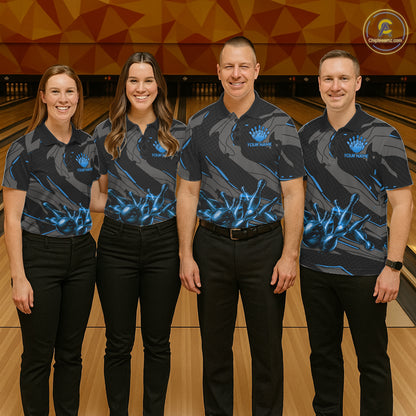Bowling team wearing matching grey blue lightning jerseys during league championships, representing unity, teamwork, leadership and lasting championship performance.