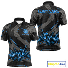 Load image into Gallery viewer, Men's bowling polo featuring grey and blue lightning strike graphics, personalized performance bowling shirt for technology enthusiasts, engineers, gamers and tournament bowlers, symbolizing clarity, intelligence, discipline and leadership.