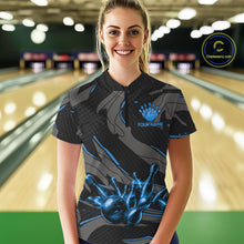 Load image into Gallery viewer, Female bowler wearing grey blue lightning bowling jersey during league play, personalized bowling apparel representing clarity, resilience and success.