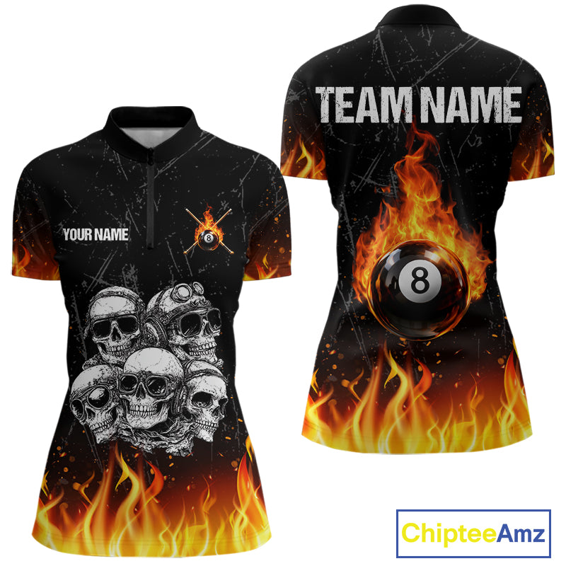 Funny Skulls Flame 8 Ball Women Billiard Team Shirts Custom Pool Ball Billiard Shirt Designs NYN2403