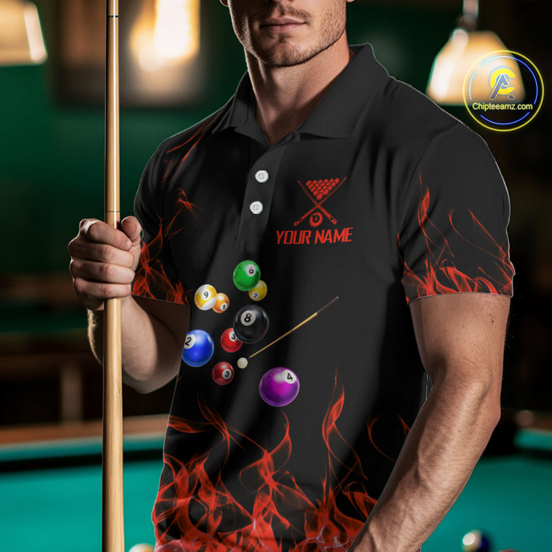 Red Flames Pool Balls Men Billiard Polo & 1/4-Zip Apparel Custom Billiard Team Shirt Designs NYN2405