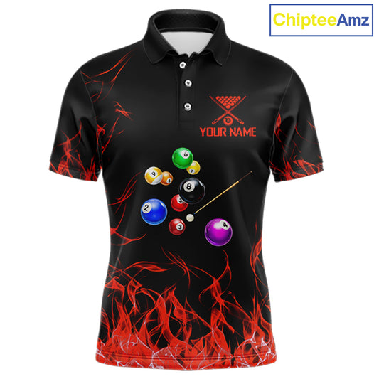 Red Flames Pool Balls Men Billiard Polo & 1/4-Zip Apparel Custom Billiard Team Shirt Designs NYN2405