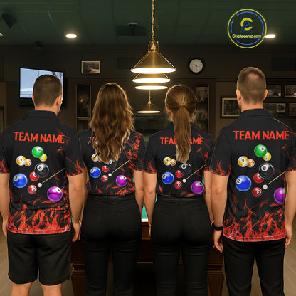 Red Flames Pool Balls Men Billiard Polo & 1/4-Zip Apparel Custom Billiard Team Shirt Designs NYN2405