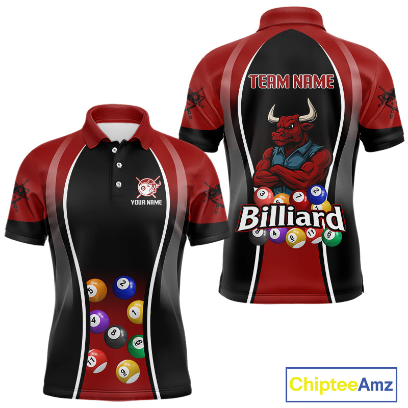 Red Funny Bull Pool Balls Men Billiard Polo & 1/4-Zip Apparel Custom Billiard Shirt Designs NYN2408