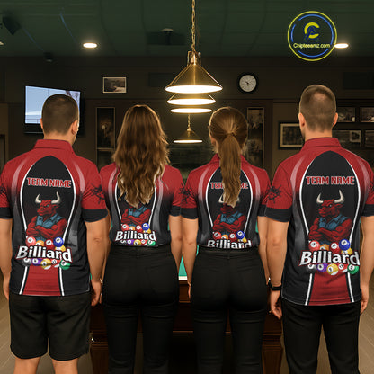 Red Funny Bull Pool Balls Men Billiard Polo & 1/4-Zip Apparel Custom Billiard Shirt Designs NYN2408