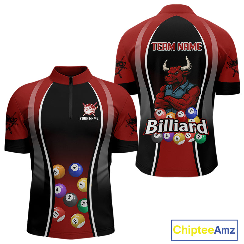 Red Funny Bull Pool Balls Men Billiard Polo & 1/4-Zip Apparel Custom Billiard Shirt Designs NYN2408