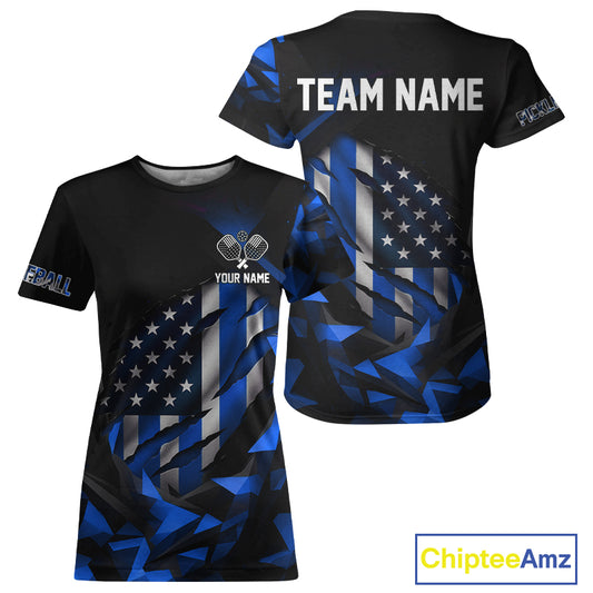 Custom Black And Blue Patriotic Pickleball T-Shirt For Women US Flag Pickleball Team Jerseys NYN2782