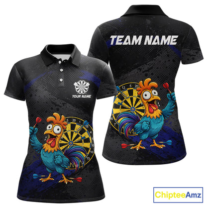 Colorful Rooster Funny Women Darts Polo & 1/4-Zip Shirt Custom Grunge Blue Dart Attire For Darters NYN3004