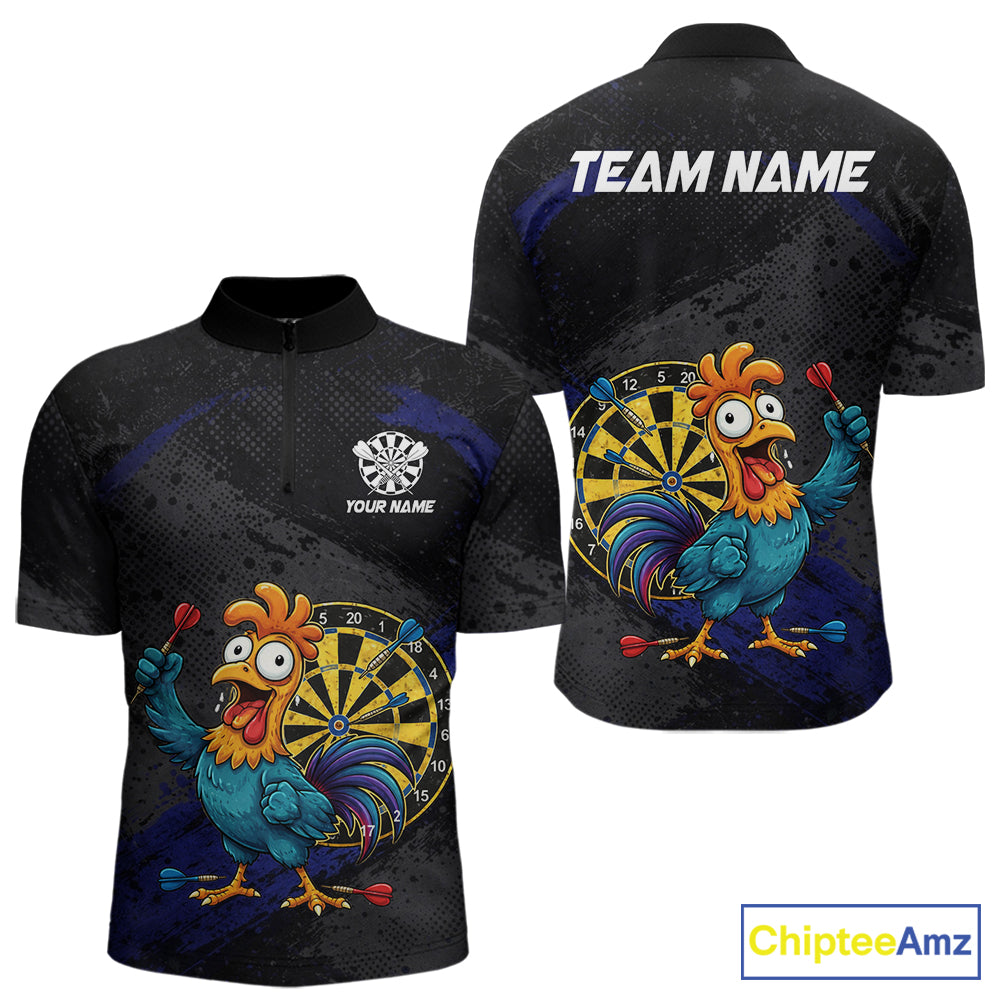 Colorful Rooster Funny Men Darts Polo & 1/4-Zip Shirt Custom Grunge Blue Dart Attire For Darters NYN3004