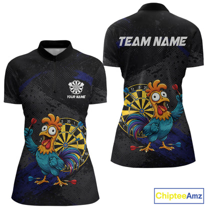 Colorful Rooster Funny Women Darts Polo & 1/4-Zip Shirt Custom Grunge Blue Dart Attire For Darters NYN3004