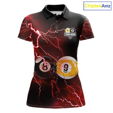 Load image into Gallery viewer, Thunder Lightning Red 8 Ball &amp; 9 Ball women's billiard polo shirt, custom pool team jersey, cue sports apparel, league uniform, championship tournament golf-style polo