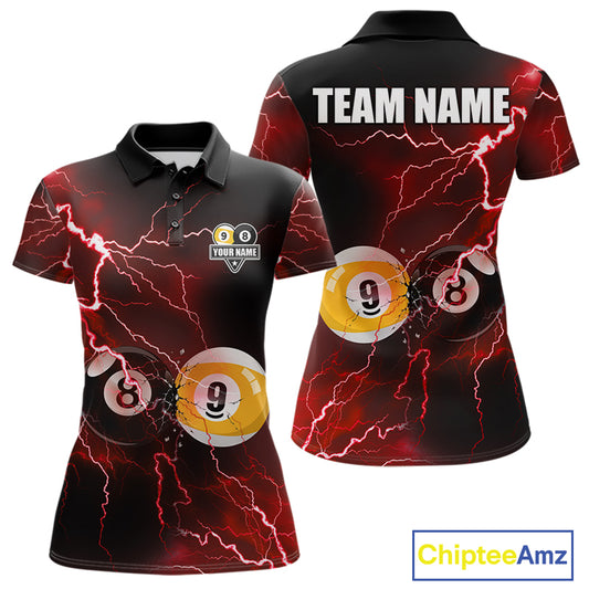 Thunder Lightning Red 8 Ball & 9 Ball women's billiard polo shirt, custom pool team jersey, cue sports apparel, league uniform, championship tournament golf-style polo