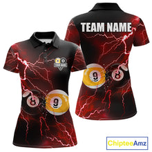 Load image into Gallery viewer, Thunder Lightning Red 8 Ball &amp; 9 Ball women's billiard polo shirt, custom pool team jersey, cue sports apparel, league uniform, championship tournament golf-style polo