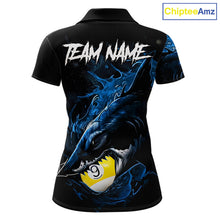 Load image into Gallery viewer, Funny Shark Blue women's pool polo shirt featuring playful shark and 8 Ball 9 Ball artwork, custom billiard team jersey, cue sports apparel, fun tournament uniform