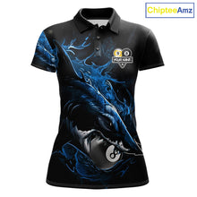 Load image into Gallery viewer, Funny Shark Blue women's pool polo shirt featuring playful shark and 8 Ball 9 Ball artwork, custom billiard team jersey, cue sports apparel, fun tournament uniform