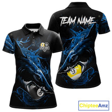 Load image into Gallery viewer, Funny Shark Blue women's pool polo shirt featuring playful shark and 8 Ball 9 Ball artwork, custom billiard team jersey, cue sports apparel, fun tournament uniform