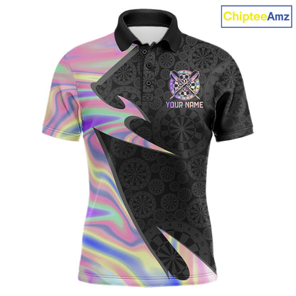 Pink Holographic dartboard men's darts polo with black base, custom league jersey, personalized tournament apparel, premium darts team clothing, holographic sportswear