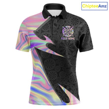Load image into Gallery viewer, Pink Holographic dartboard men's darts polo with black base, custom league jersey, personalized tournament apparel, premium darts team clothing, holographic sportswear