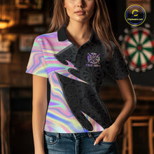 Load image into Gallery viewer, Female model wearing Lightning Pink Ribbon darts polo, custom awareness dart jersey, Breast Cancer fundraising apparel, personalized league tournament clothing, supportive athletic performance wear