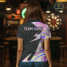 Load image into Gallery viewer, Female model wearing Lightning Pink Ribbon darts polo, custom awareness dart jersey, Breast Cancer fundraising apparel, personalized league tournament clothing, supportive athletic performance wear
