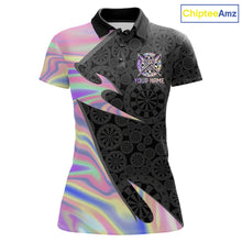 Load image into Gallery viewer, Pink Holographic dartboard women's darts polo on black background, custom darts tournament jersey, personalized league shirt, iridescent performance apparel, steel tip darts clothing, modern athletic team uniform