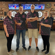 Load image into Gallery viewer, Matching Black &amp; Pink Ribbon Grunge darts team uniforms, awareness tournament jerseys, personalized dart league apparel, custom charity team clothing, championship sports uniforms