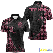 Load image into Gallery viewer, Black &amp; Pink Ribbon Grunge men's darts polo with vintage distressed graphics, personalized darts league jersey, custom tournament apparel, awareness team shirt, premium sportswear